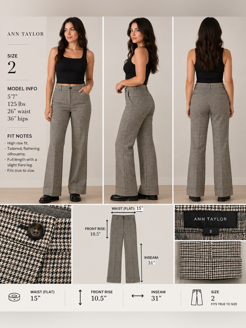 Ann Taylor High Rise Wide Leg Trouser Pants 2 Plaid Houndstooth Cuffed Trousers